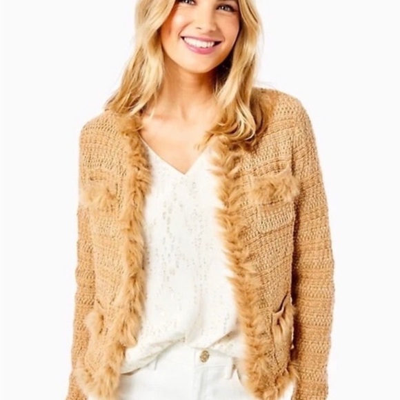 Lilly Pulitzer Sweaters - Lilly Pulitzer Tweed Preona Cardigan Sand Metallic Tan Brown Faux Fur. Size M.